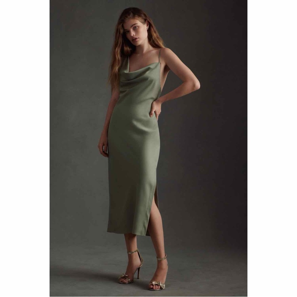 BHLDN August Satin Charmeuse Midi Dress Size 6 Moss Green Draped Neck Side Slit